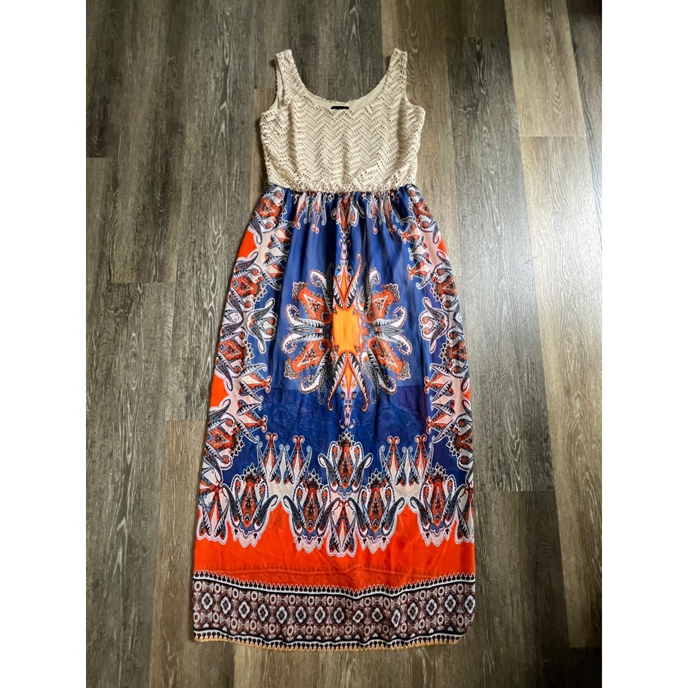 AUW‎ Maxi Dress Womens Medium Blue Orange Paisley Crochet Boho Sleeveless